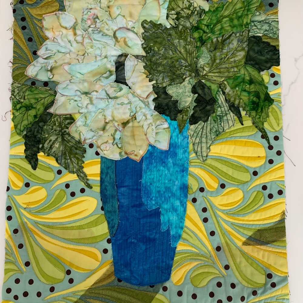 Artist Handcrafted Blue Vase Wall Quilt 20” X 16”. Unframed beautiful stitching